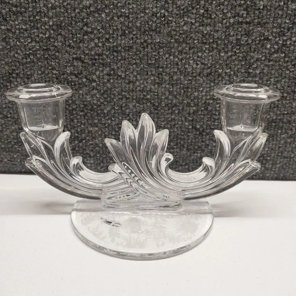 Vintage Clear Glass Double Votive Candle Holder Floral Etched Base Candelabra